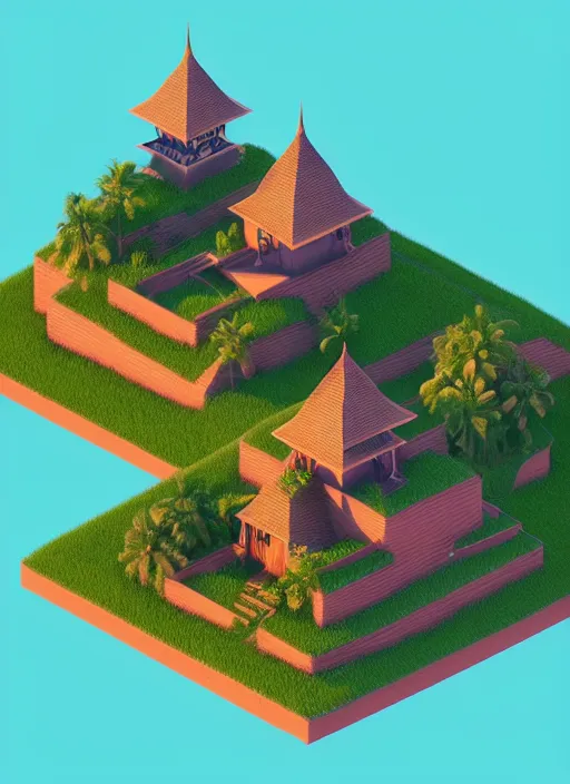 Prompt: a low poly isometric render of a kerala village with thatched houses in the style of monument valley, intricate, elegant, smooth shading, soft lighting, illustration, simple, solid shapes, by magali villeneuve, jeremy lipkin and michael garmash, rob rey and kentaro miura style, octane render