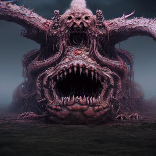 Image similar to cute chthonic fluffy monster by Ayami Kojima, Beksinski, Giger, vray render, unreal engine, 50mm lens, bottom angle