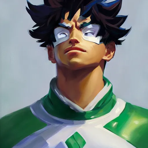 Image similar to greg manchess portrait painting of izuku midoriya as overwatch character, medium shot, asymmetrical, profile picture, organic painting, sunny day, matte painting, bold shapes, hard edges, street art, trending on artstation, by huang guangjian and gil elvgren and sachin teng