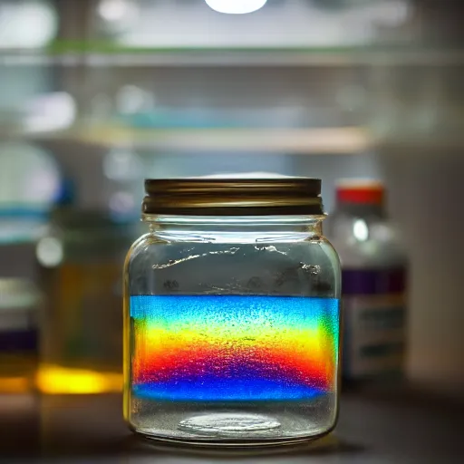 Prompt: medium - wide shot. rainbow captured and put in a glass jar of water. the jar sits on a laboratory shelf. oak ridge national laboratory. professional. high quality. iso 2 0 0, f / 2. 8, 3 5 mm. hyper detailed. dramatic lighting.