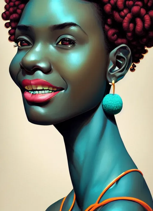 Image similar to portrait of shy black girl, realistic, bantu knots, pointy nose, lanky, smile, nerdy, defined jawline, big chin, teal hair bow, earrings, intricate, elegant, glowing lights, highly detailed, digital painting, artstation, sharp focus, illustration, complimentary colors, art by wlop, mars ravelo and greg rutkowski