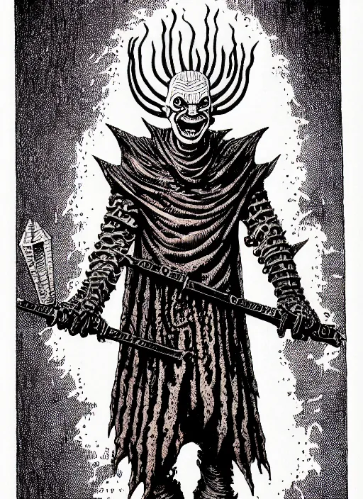 Prompt: the cenobite pinhead as a d & d monster, pen - and - ink illustration, etching, by russ nicholson, david a trampier, larry elmore, 1 9 8 1, hq scan, intricate details, high contrast