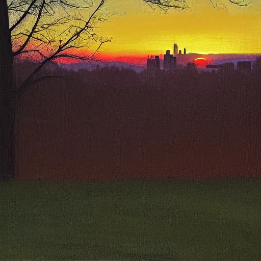 Image similar to pittsburgh, distant, sunset, trees, looking down, art by drew tucker