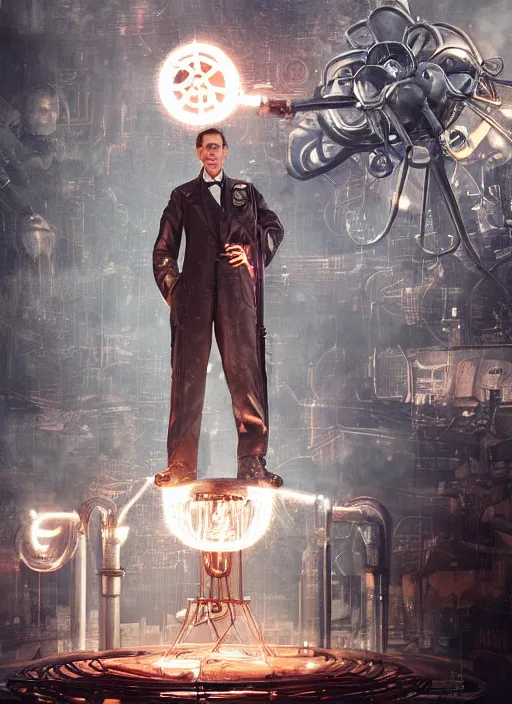 Image similar to biohazard art of nikola tesla as a mad scientist working on a giant robot from bioshock, au naturel, hyper detailed, digital art, trending in artstation, cinematic lighting, studio quality, smooth render, unreal engine 5 rendered, octane rendered, art style by klimt and nixeu and ian sprigger and wlop and krenz cushart