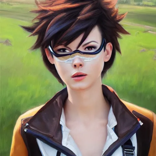 Prompt: oil painting of tracer overwatch in a field wearing very large belt collar around neck, in style of mark arian, expressive face, very detailed face, very detailed eyes, full body, feminine face, detailed makeup on eyes, tracer overwatch,