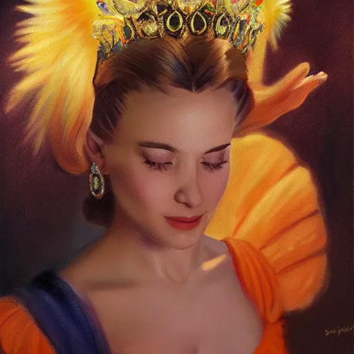 Image similar to An ultra realistic portrait painting of Princess Daisy wearing his orange dress and golden tiara in the style of Frank Frazetta, 4k, Ultrarealistic, Highly Detailed, Dark Fantasy, Epic Lighting