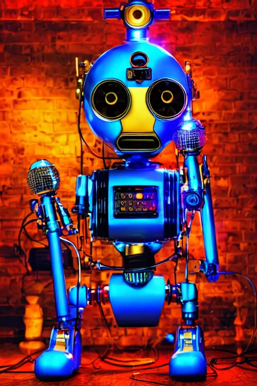 Image similar to portrait photo of a giant huge golden and blue metal humanoid steampunk robot singer with multicolored microphones and big gears and tubes, a red glowing microphone, blue headphones, eyes are glowing red lightbulbs, shiny crisp finish, 3 d render, 8 k, insaneley detailed, fluorescent colors, background is multicolored lasershow