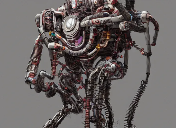 Image similar to Techno-biological rusty robot geisha consisting of wires and actuators. Biopunk, body armor, high detail, photorealism, full length view, concept art, dark background, Dan Mumford, Quixel Megascans, kanji tattoos and decals, octane render, 16k, 8k