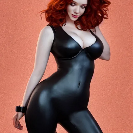 Image similar to photo of a gorgeous christina hendricks in the style of stefan kostic, realistic, professionally, professionally color graded, half body shot, leather body suit, sharp focus, 8 k high definition, insanely detailed, intricate, elegant, art by stanley lau and artgerm, bending over