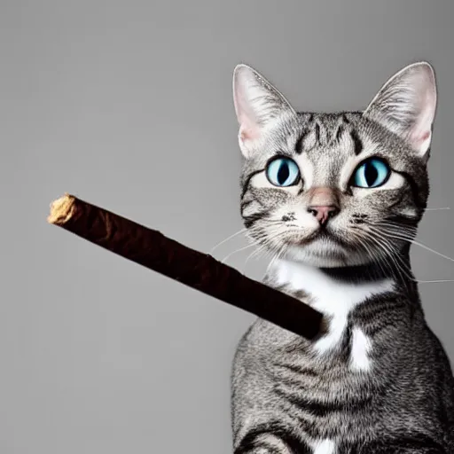 Image similar to a high detail closeup shot of a cat wearing a suit and smoking a cigar