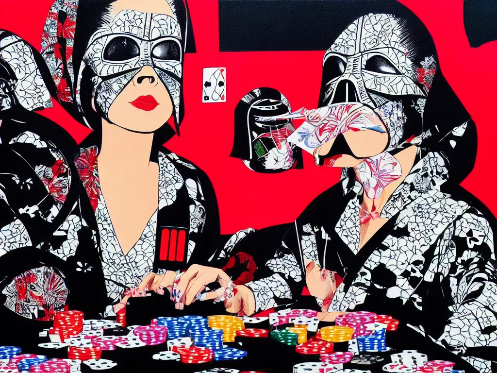 Image similar to hyperrealism composition of the detailed woman in a japanese kimono sitting at an extremely detailed poker table with darth vader, terminator, fireworks on the background, pop - art style, jacky tsai style, andy warhol style, acrylic on canvas