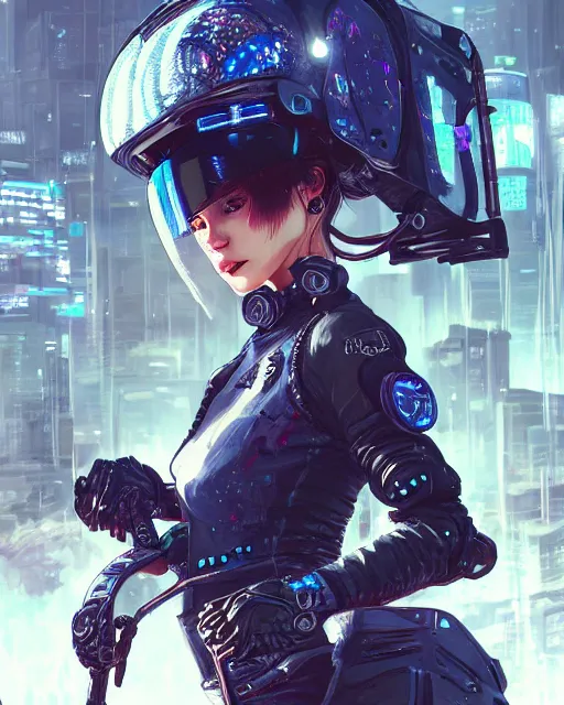 Image similar to cool girl wearing cyberpunk intricate streetwear riding dirt bike, beautiful, detailed portrait, cell shaded, 4 k, concept art, by wlop, ilya kuvshinov, artgerm, krenz cushart, greg rutkowski, pixiv. cinematic dramatic atmosphere, sharp focus, volumetric lighting, cinematic lighting, studio quality