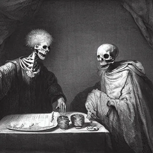 Prompt: A philosopher king dressed in robes and a mummified skeleton sharing a dinner in the style of Rembrandt.