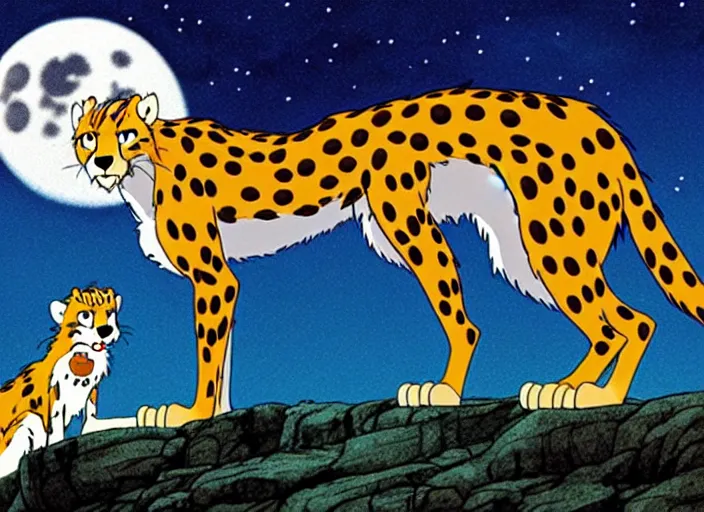 Prompt: a still from a studio ghibli movie of a cartoon cheetah from princess mononoke ( 1 9 9 7 ), in front of a pale full moon, full body, wide shot, very dull muted colors, studio ghibli, highly detailed, deviantart, art by artgem