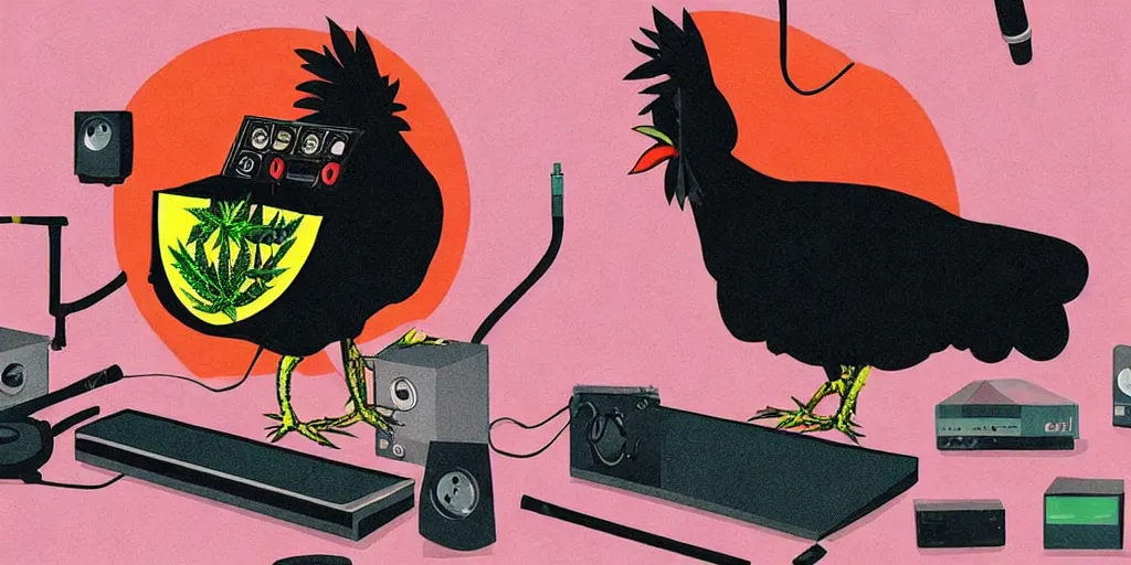 Image similar to 'black chicken'!!! smoking 'cannabis'!!!!!! in front of 'audio console'!!!! and 'multi monitors'!!!! 'in a hi-tech tv broadcasting studio'!!!!, artwork by James Gilleard