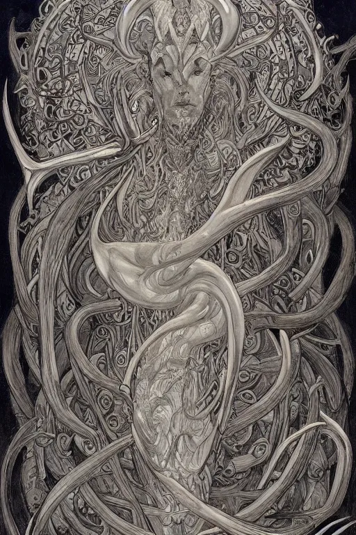 Prompt: a beautiful painting of full - body tangaroa - whakamau - tai, wisdom, good and evil, white ink + magical + symmetrical + detailed intricate + heraldic design + atmosphere high details, in the style of jean delville, artstation, 8 k, 4 k, cinematic
