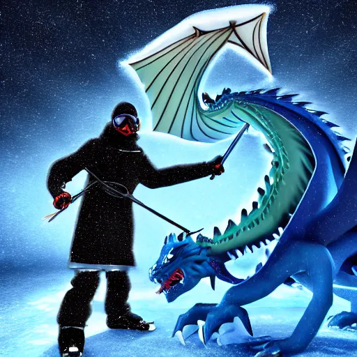 Image similar to mysterious figure with ski goggles riding a dragon made of ice, digital art, 4 k ultra hd, hyper realistic