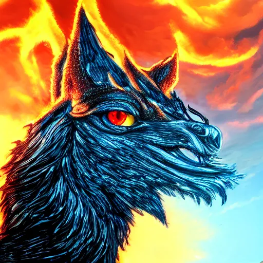 Image similar to A wide shot of griffin in the sky, colorful eyes, glowing eyes, fire, frost, angry, demonic, detailed, fine lines, realism, hyper-realistic, 8k, hd,