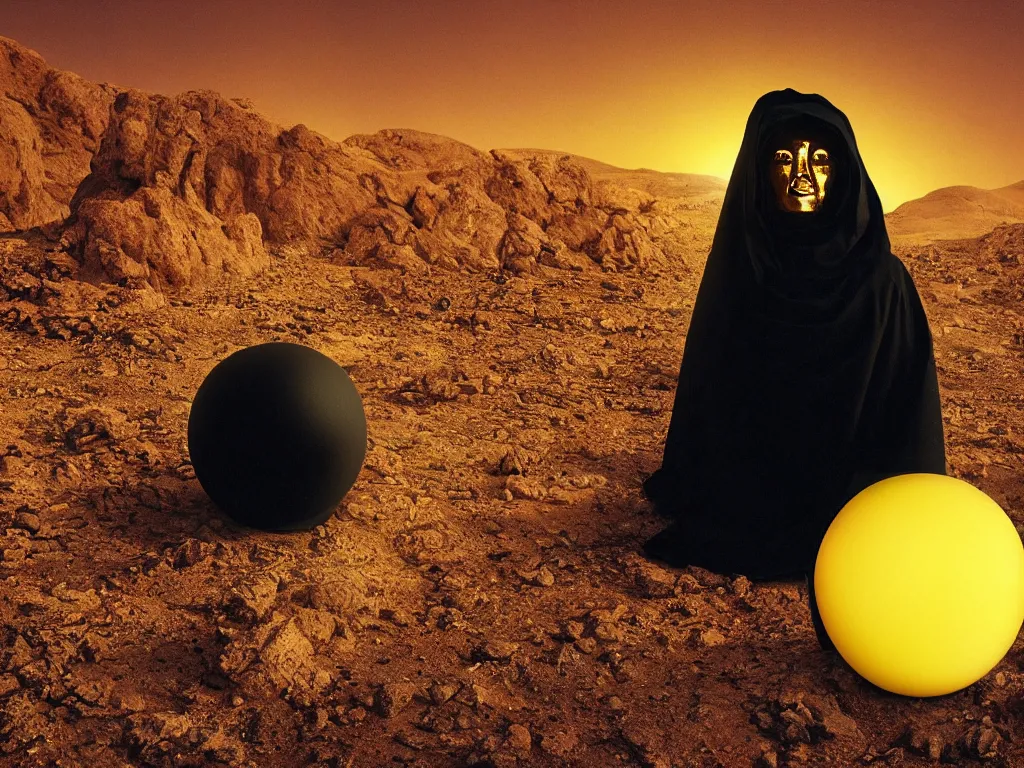 Prompt: glowing bene gesserit in full - face golden glowing mask in a black rocky desert landscape with a black sphere in the sky by christopher doyle and alejandro jodorowsky, anamorphic lens, kodakchrome, cinematic composition, very detailed photo, 8 k,