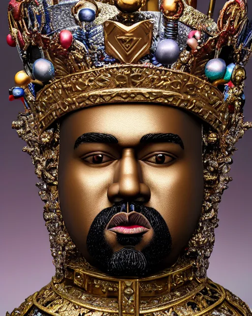 Image similar to highly detailed closeup, face profile portrait of a tin toy kanye west as a fairytale king wearing a crown and sitting on a throne, robes, depth of field, nicoletta ceccoli, mark ryden, lostfish, max fleischer, breathtaking, detailed and intricate environment, 8 k resolution, hyperrealistic, octane render