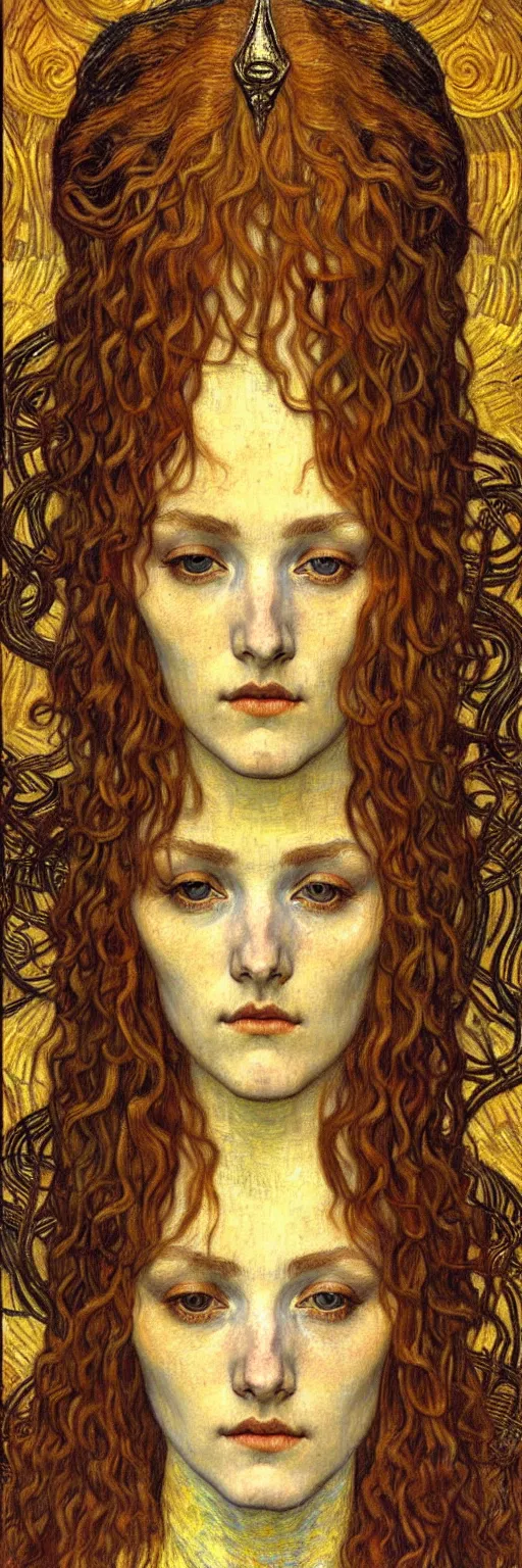 Image similar to detailed realistic beautiful young medieval queen face portrait by jean delville, gustav klimt and vincent van gogh, art nouveau, symbolist, visionary, gothic, pre - raphaelite, muted earthy colors, desaturated