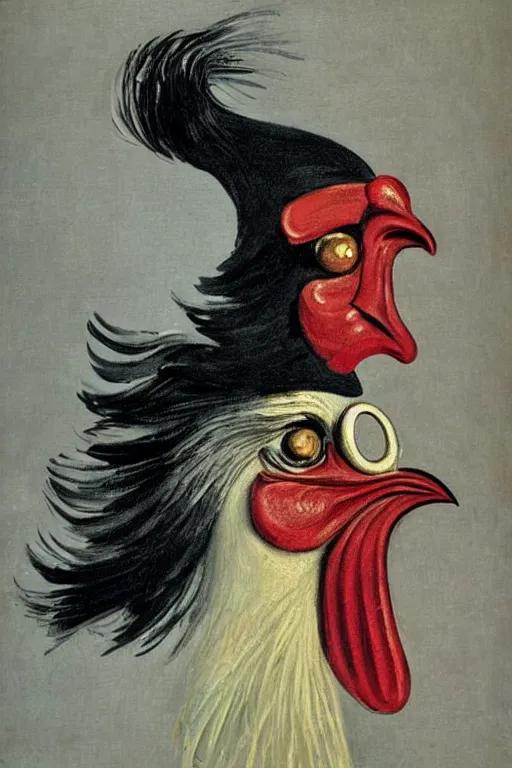 Prompt: portrait of a rooster, with top hat!!! and monocle!!!, by dali