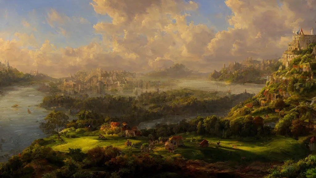 Image similar to floating pastoral island over a hilly European city, trending on art station, oil painting, concept art