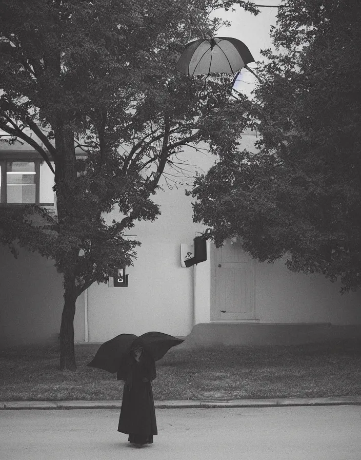 Image similar to “ photography in the style of gregory crewdson, quiet american neighborhood, a woman waiting with a black umbrella ”