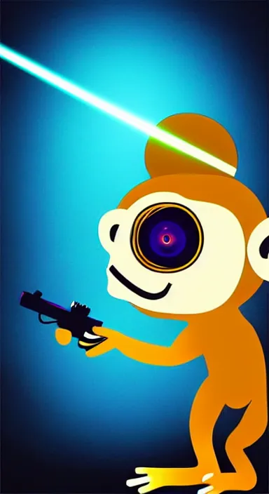 Image similar to “ small monkey with laser gun in large empty space, digital art, super aesthetic, art station children drawing style, award winning ”