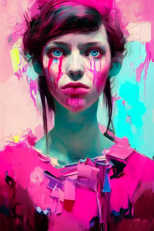 Image similar to portrait of a beautiful girl living in a postapoliptic forgotten world, her face expresses : sadness, and death, in the colors hot pink and cyan, beautiful face, rule of thirds, complex outfit, spotlight, by greg rutkowski, by jeremy mann, by francoise nielly, by van gogh, digital painting