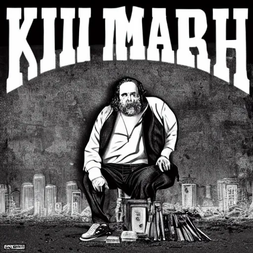 Prompt: hip hop album cover featuring karl marx
