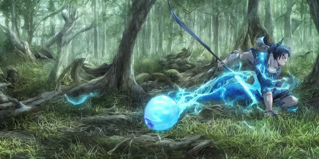 Prompt: Eragon is hunting with his bow in the forest, he finds a blue dragon egg, anime style