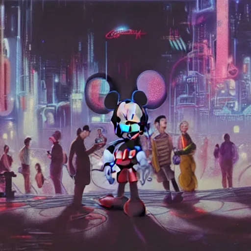 Prompt: a group of people standing around a mickey mouse, cyberpunk art by drew struzan, cgsociety, sots art, dystopian art, reimagined by industrial light and magic, concept art