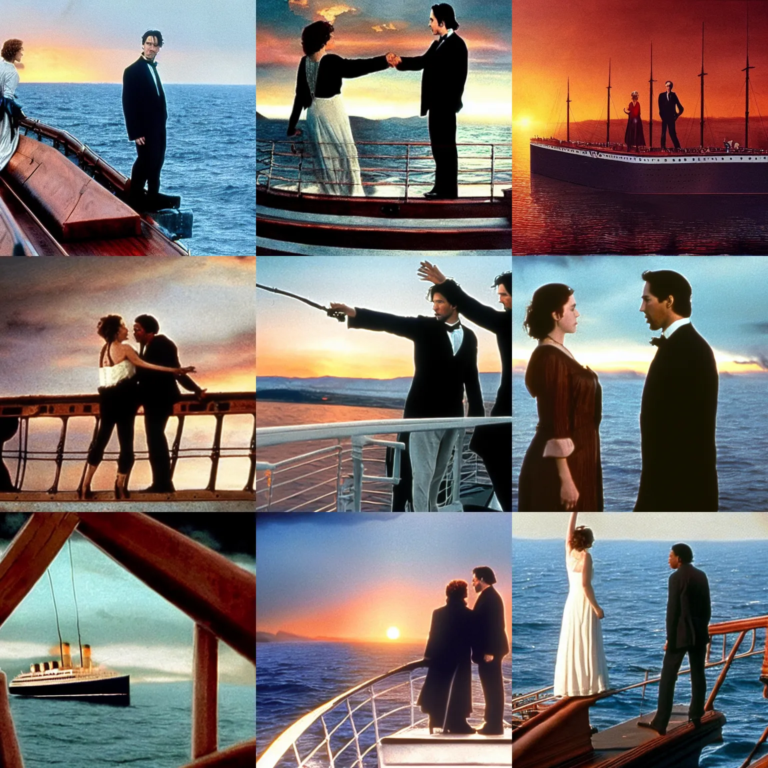 Prompt: titanic bow scene, replace Jack and Rose with Keanu Reeves and Morgan Freeman, sunset