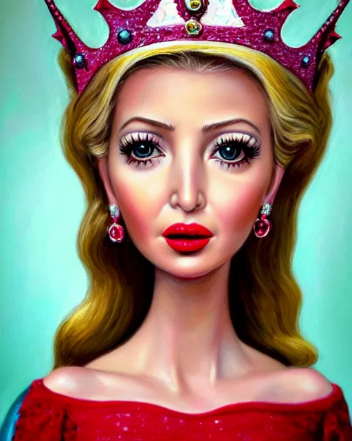 Image similar to closeup profile portrait of a tin toy ivanka trump as a fairytale princess wearing a crown and eating cakes, bikini, hyper realistic, artstation, illustration, nicoletta ceccoli, mark ryden, lostfish, max fleischer, digital paint, matte paint, vivid colors, bright, cheerful, detailed and intricate environment