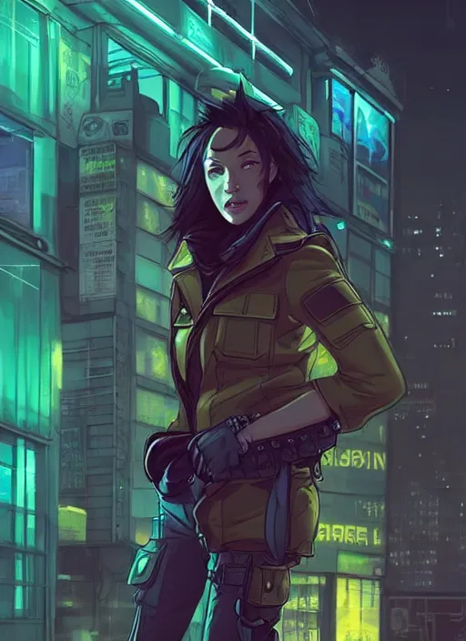 Prompt: beautiful portrait commission of a female furry anthro mountain lion wearing a bullet proof vest and cargo pants. Cyberpunk city at night in the rain. Neon light. Atmospheric. Character design by charlie bowater, ross tran, artgerm, and makoto shinkai, detailed, inked, western comic book art