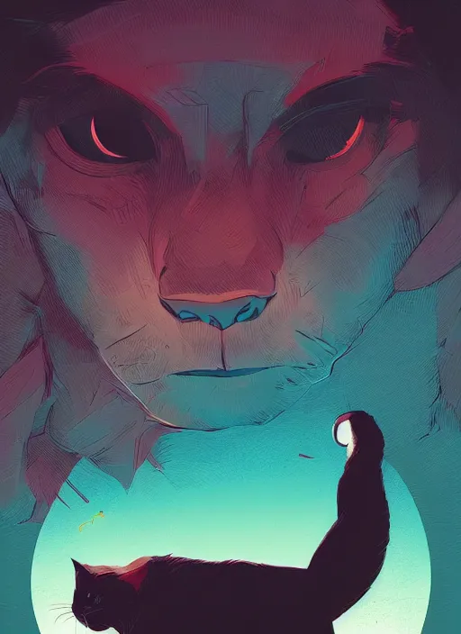 Image similar to concept portrait of cat staring contemptuously at people, artstation, art by petros afshar, tom whalen, laurie greasley and greg rutkowski and ilya kuvshinov