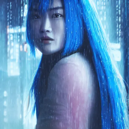 Prompt: a film still of jun ji hyun in bladerunner 2 0 4 9 in the rain with blue hair, cute - fine - face, pretty face, cyberpunk art by sim sa - jeong, cgsociety, synchromism, detailed painting, glowing neon, digital illustration, perfect face, extremely fine details, realistic shaded lighting, dynamic colorful background