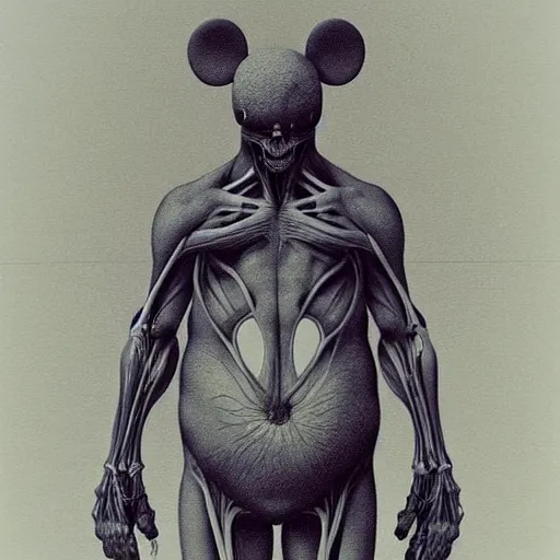 Image similar to anatomical Mickey Mouse, full body set, all body members, trending on cgsociety, trending on pinterest, by Zdzisław Beksiński