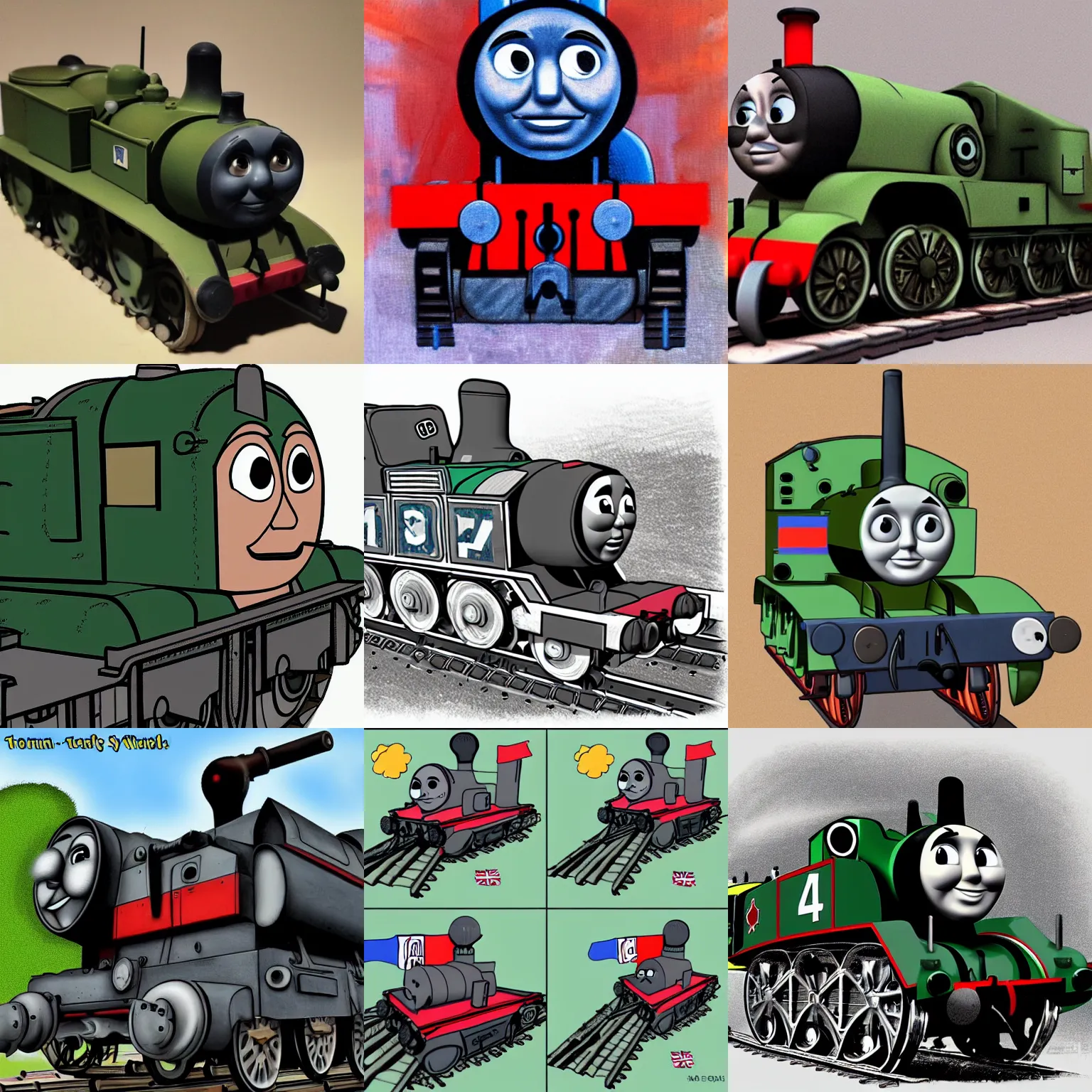 Prompt: thomas the world war ii tank engine in the art style of wilbert awdry