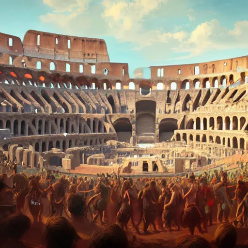 Image similar to ground view of a colosseum arena, profile picture, organic painting, sunny day, matte painting, bold shapes, hard edges, street art, trending on artstation, by huang guangjian, gil elvgren, ruan jia, randy vargas, greg rutkowski