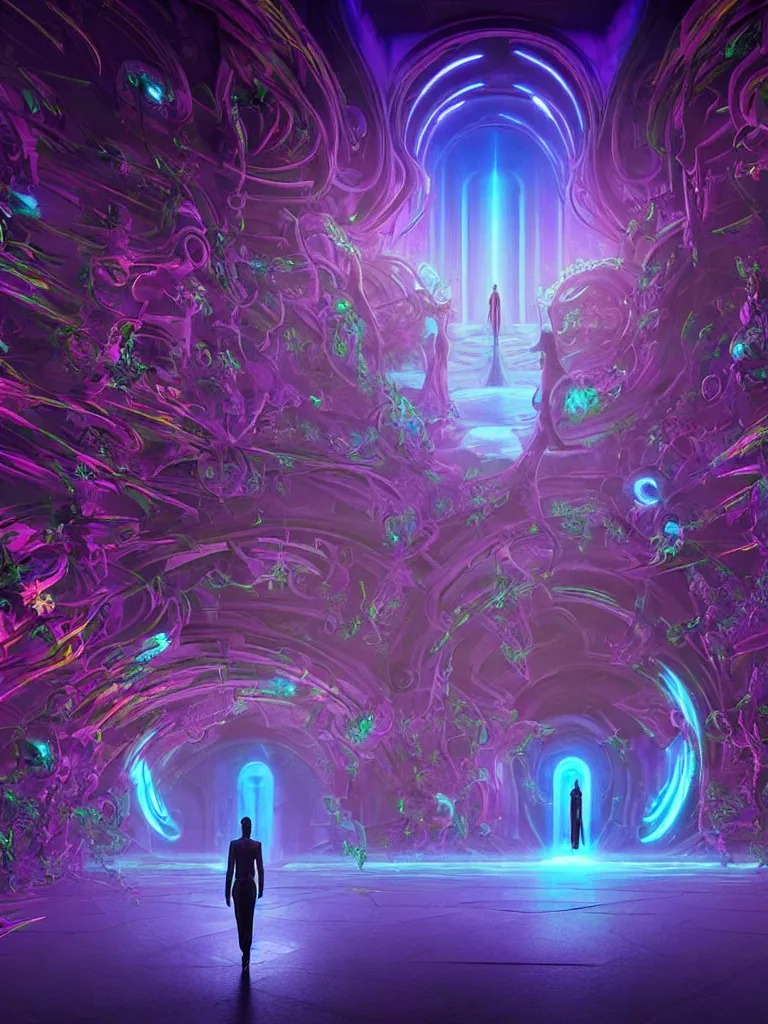 Image similar to entrance to matrix ethereal realm, shiva sentient, rendered in unreal engine, central composition, symmetrical composition, dreamy colorful cyberpunk colors, 6 point perspective, fantasy landscape with anthropomorphic terrain in the styles of igor morski, jim warren and rob gonsalves, intricate, hyperrealistic, volumetric lighting, neon ambiance, distinct horizon