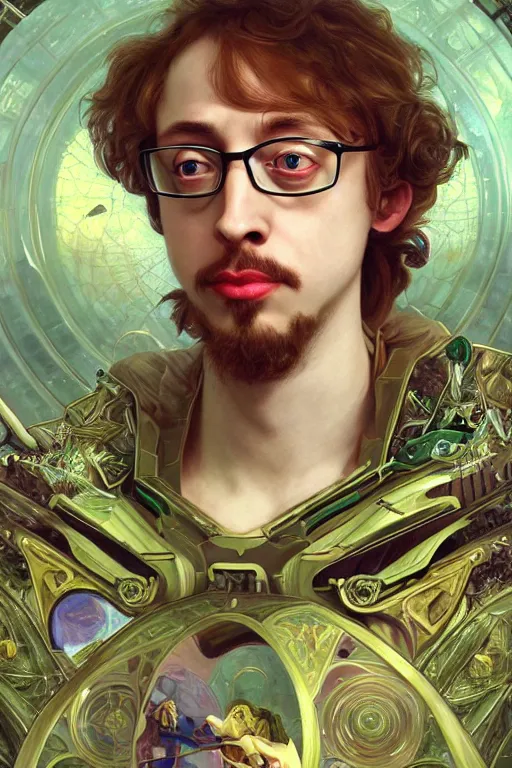 Image similar to portrait of Celestial Sam Hyde as a futuristic royal king, inside future fighter, sci-fi, fantasy, intricate, lush garden spaceship, elegant, human anatomy, royal green and nature light, highly detailed, digital painting, artstation, concept art, smooth, sharp focus, illustration, art by tian zi and WLOP and alphonse mucha