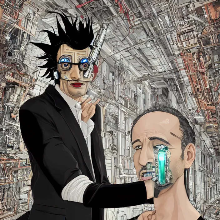 Image similar to A portrait of one! latino mad scientist male with cyborg face looking at the camera with a queasy smile!!, wearing a black suit under a white laboratory coat, in a mixed style of Botticelli and Æon Flux!!, inspired by Simon Stålenhag paintings, and cyberpunk!!!, stunningly detailed, stunning inking lines, flat colors, 4K photorealistic