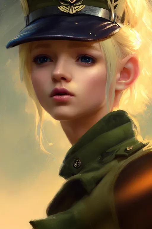 Image similar to cinematic shot of an epic portrait of a cute blonde fairy dressed in military clothes, stylised military clothes, shiny skin, beautiful eyes, beautiful, small details, night setting, realistic poster with volumetric light from craig mallism, artgerm, jeremy lipkin and michael garmash, unreal engine, radiant light, digital art, trends at art station, a masterpiece