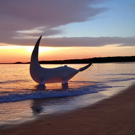 Prompt: narwhal plying at sunset, rose gold sand