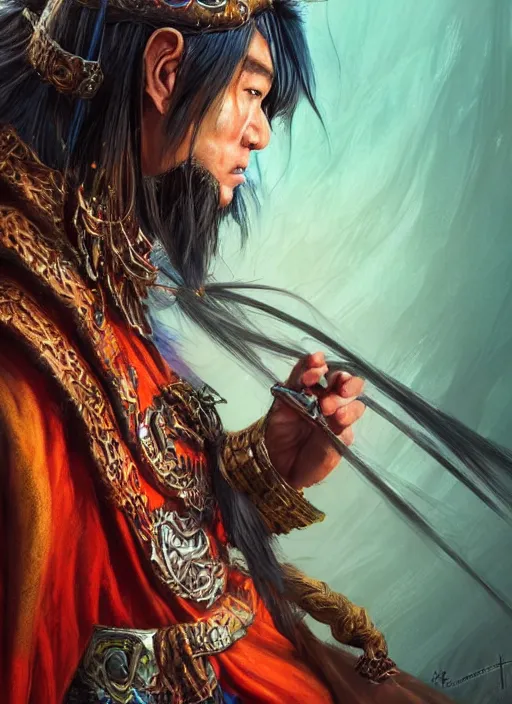 Image similar to chinese warrior curtain hair, looking down, dndbeyond, bright, colourful, realistic, dnd character portrait, full body, pathfinder, pinterest, art by ralph horsley, dnd, rpg, lotr game design fanart by concept art, behance hd, artstation, deviantart, hdr render in unreal engine 5