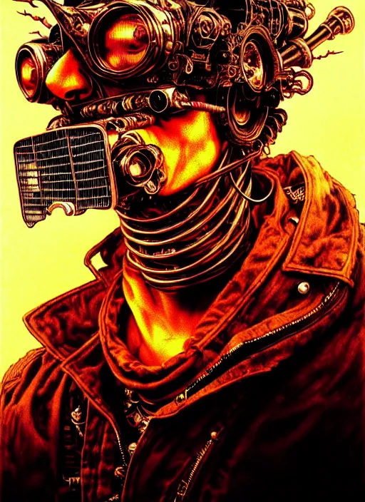 Image similar to portrait of a punk man driving a burning man car, background is on fire, mad max style, warhammer 40000, cyberpunk, intricate, highly detailed, digital painting, artstation, concept art, smooth, sharp focus, illustration, art by Amano and Karol_Bak and artgerm and greg rutkowski and alphonse mucha and Gustav Klimt and Kojima