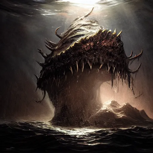 Image similar to a spiky eldritch underwater sea monster with sharp teeth illuminated by a spotlight in the deep dark ocean by Marek Okon, god rays, fantasy art, 4k, HDR, photorealistic, 8k, trending on artstation