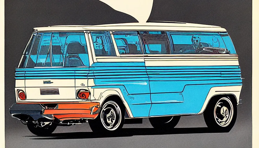 Prompt: 1965 concept drawing my Syd Mead of a passenger van, full color catalog print